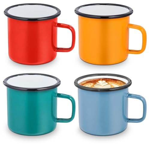 Set di 4 tazze smaltate: 350ml Bicchieri riutilizzabili, Bicchieri smaltati con manico, Tazze da caffè rosse/blu/verdi/gialle, Tazze da tè portatili, Set di bicchieri per campeggio, ufficio, casa