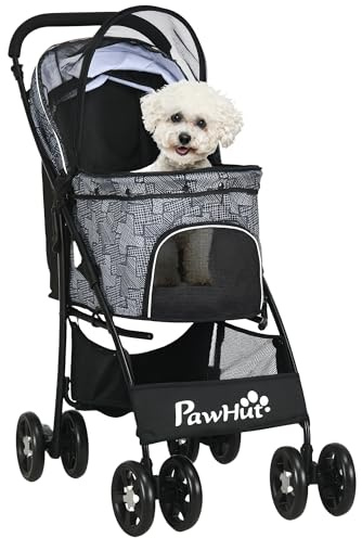 PawHut Carrito para Perros Plegable Cochecito para Mascotas Carrito para Perros Pequeños con Cesta Capota Ajustable Ventana de Malla y 2 Ruedas Universales Carga 15 kg 81x48x99 cm Gris