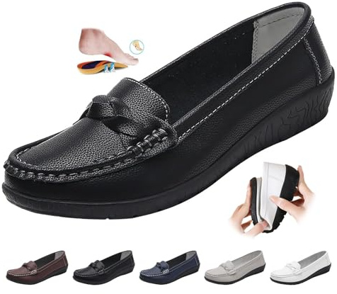 Mocasines ortopedicos para mujer en piel transpirable, de ajuste ancho, mocasines clásicos, zapatos de conducción, zapatos de trabajo, oficina, enfermería, Negro , 38 EU
