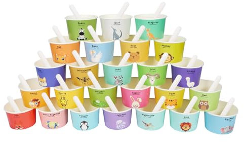 QIANAI Papier Einweg Eisschalen eisdiele eisbecher mit 25 Tierfiguren und Buchstaben, 25PCS Paper Dessertbecher 6 oz 180 ml mit 25 löffel