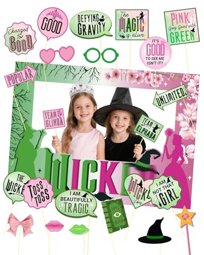 Pink and Green Party Decorations Photo Booth Props, 25 Pcs Photo Props and Selfie Frame for Women Girls, Witch and Princess Party Favors Supplies