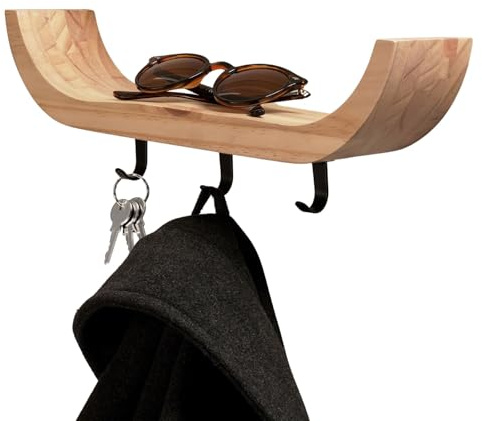 keypak Scandi Wooden Curved Key Holder with Shelf, Wall Mounted Key Rack, 3 Black Hooks for Hallways, Entryways & Bedrooms