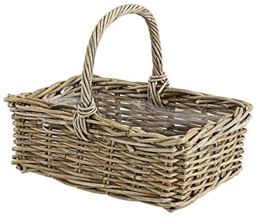 Dehner Rattan Pflanzkorb mit Henkel, ca. 40 x 28 x 30 cm, Rattangeflecht, grau/braun