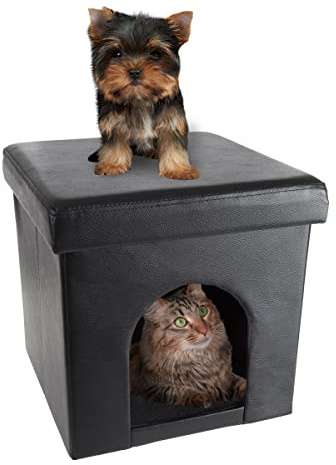 Cat House – Collapsible Multipurpose Small Dog or Cat Ottoman with Footrest, Cushioned Top, and Interior Pillow by PETMAKER (Black)