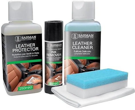 SARMAN 1592364 Kit Completo Pulizia e Protezione Interni Auto in Pelle | Detergente Delicato | Crema Protettiva Antimacchia a Base Acquosa (2x250ml)