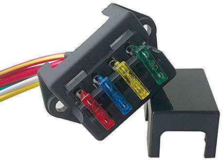 QitinDasen Premium KFZ 4-Fach Sicherungshalter, 2 Eingang 4 Ausgang Sicherungskasten, Universal Standard Blade Sicherungsblock, mit Draht und 10Pcs Standard Flachsicherung (12V/24V/32V/48V)