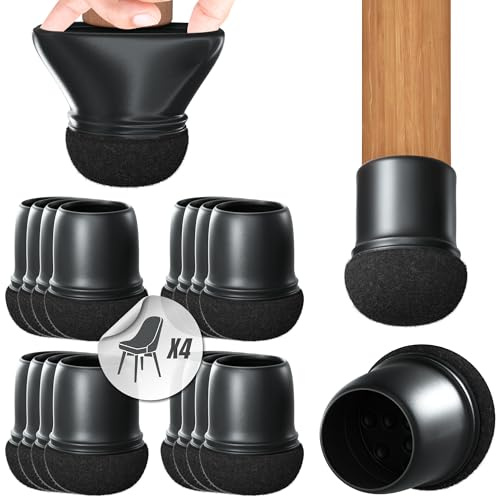 HOMETOWN Premium Pack of 16 Silicone Chair Leg Caps Protective Caps with Extra Thick Felt for Floor Protection Set for 4 Chairs Round Black Fils Chair Leg Socks Felt Gliders 14-19 mm