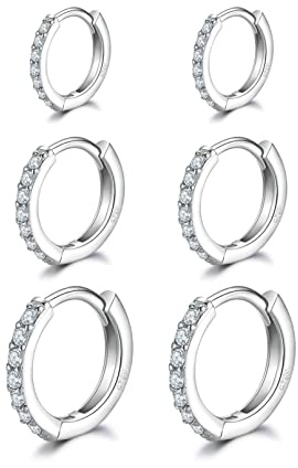 Orecchini Cerchio Argento per Donna,925 Sterling Piccoli Con AAA Cubic Zirconia,3 Paia Ipoallergenic Argento Huggie Sleeper
