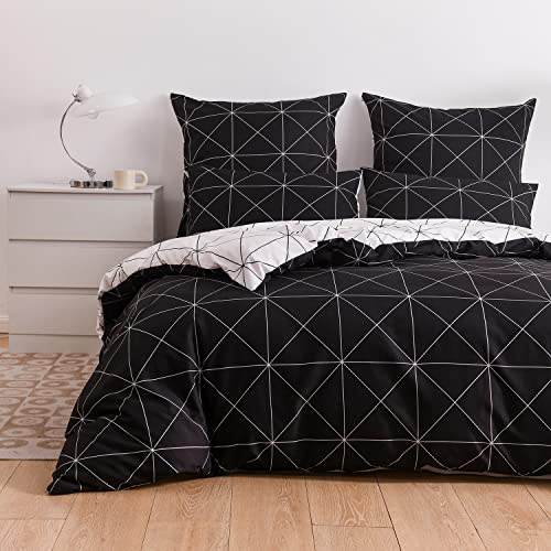 Luofanfei Bettwäsche Schwarz Weiß 220x240 Kariert Aesthetic Schwarze Weiße Bettwäsche Modern Muster Microfaser Tumblr Bettdeckenbezug Doppelbett Set 240x220 und 80x80 Kissenbezug fürs Bettdecken