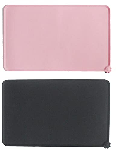 2-teiliges Set Napfunterlage Hund Katzen,wasserdichte und rutschfeste Silikon Fressnapf Unterlage für Futternäpfe Wassernapf,Futtermatte 48x30cm (Schwarz&Rosa)