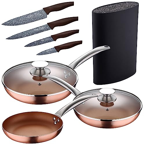 Set 5pc sartenes 20,24,28 cm (con tapa) aluminio prensado inducción con Set 4pc cuchillos acero inoxidable con Tacoma/bloque de cuchillos universal, gran capac