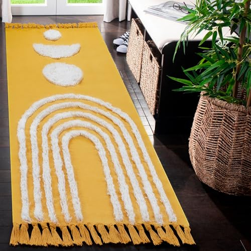 LINROMIA Teppich Läufer Flur 60x150 cm, Boho Gelb Regenbogen Getuftet Baumwollteppich mit Gewebt Quasten, Waschbarer Teppich für Badezimmer Küche Wohnzimmer Schlafzimmer Flur Esszimmer