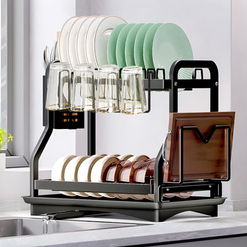 ZHHGOO Egoutoire Vaisselle Cuisine à 2 Niveaux,Noir INOX Égouttoir Vaisselles avec Porte Planche à Découper et Plateau d'égouttement, Sechoir Vaisselle avec Vidange Automatique