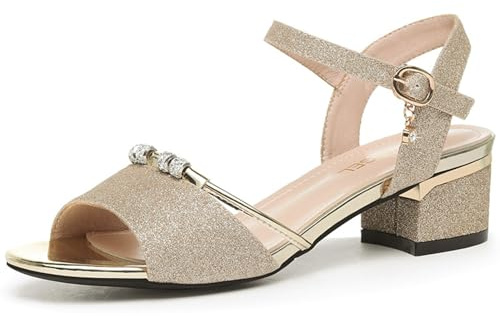 FGRID Sandali da Donna Tacco Medio-Basso a Blocco, Sandali Aperti Sposa Punta Aperta in PU Scintillante, Sandali Estivi Tacco Grosso e Cinturino alla Caviglia Scarpe décolleté,d'oro,39