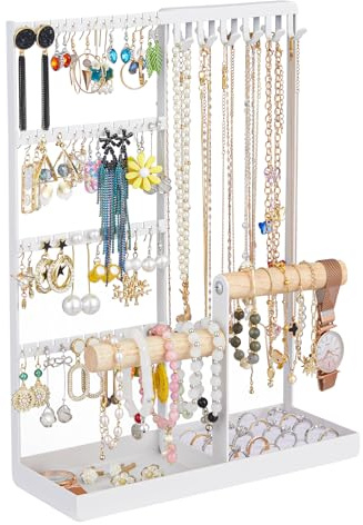 Jewelry Organizer Stand, Jewelry Holder Tree and Storage, Super Large Capacity, 72 Earring Holes, 12 Necklace Hooks, 20 Rings Slot, 2 Bracelet Bars, Assemble Not Required, Size 3.94*9.84*13.78 Inch