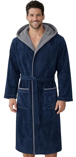 Morgenstern Accappatoio Uomo Cappuccio Cotone Spugna Velluto Vestaglia Lungo Finn blu navy Taglia XXL