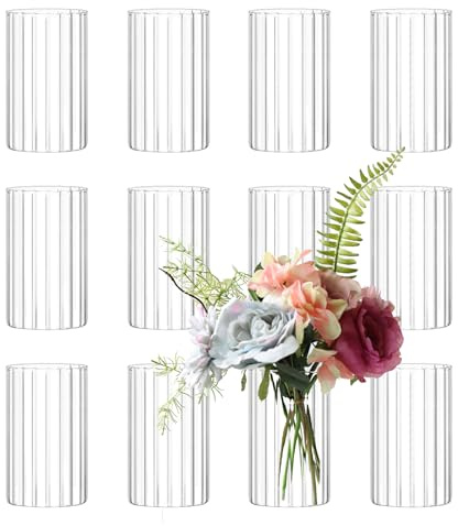 12Pcs Glass Cylinder vases for Centerpieces, 6 Inches Clear Ribbed Bud Vases for Wedding Decorations,Floral Vase Bulk Flower vases,Tall Glass Hurricane Candle Holder for Table Shelf, Party(Ribbed)