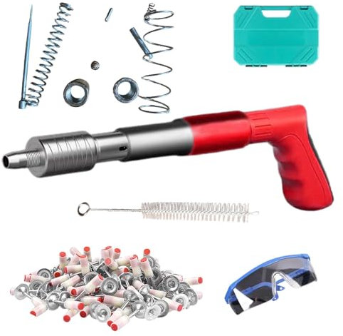 Veeteah Clavadora neumática, clavadora neumática compacta, máquina de uñas manual con 100 clavos, 5 velocidades, herramienta de fijación para paredes de ladrillo rojo, paredes de hormigón