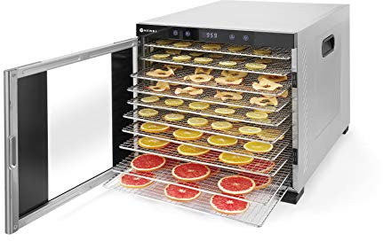 HENDI Dörrautomat, mit 10 Gittern, optimal zum Dörren von Obst, Gemüse und Fleisch, Digitales Bedienfeld, Timer, Temperatur einstellbar von 35°C bis 75°C, 230V/1000W, 430x535x(H)416mm, Edelstahl