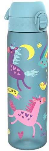 Ion8 Water Bottle, 500ml/18oz, Slim Leak Proof & BPA-Free Drinking Bottle, Secure Lock Prevents Spills, Dishwasher Safe, Carry Handle, Ideal for Adults & Kids - Travel, Gym & School, Blue, Unicorns