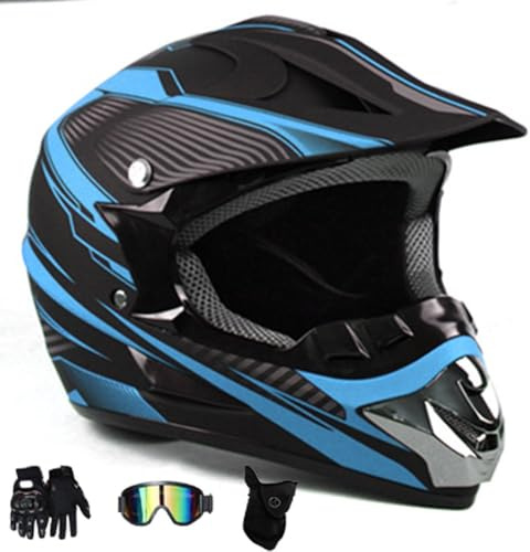 Casque IntéGral VTT/Cross, pour Jeunes Enfants, Moto Tout-Terrain, VTT, Scooter, avec Lunettes, Masque, Gants, pour GarçOns Et Filles de 8 à 14 Ans(KK Blue,L(56-57cm))