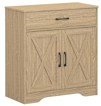 Panana Farmhouse Accent Cabinet Entryway Storage with Drawer Living Room Sideboard Narrow Storage Cupboard (Oak)
