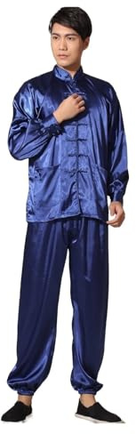 Kung Fu Uniform Men's Satin Rayon Kung Fu Suit Vintage Tai Chi Sets Wu Shu Uniform Long Sleeve Clothing(Deep Blue,L)