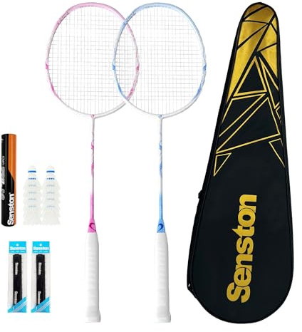 Senston 5U Carbon Fiber Badminton Racket Set for Backyards, 2 Players Badminton Set Includes 12 Shuttlecocks, 2 Overgrips & Portable Bag - Lightweight Racquet for Couples, Family, Adults & Beginners