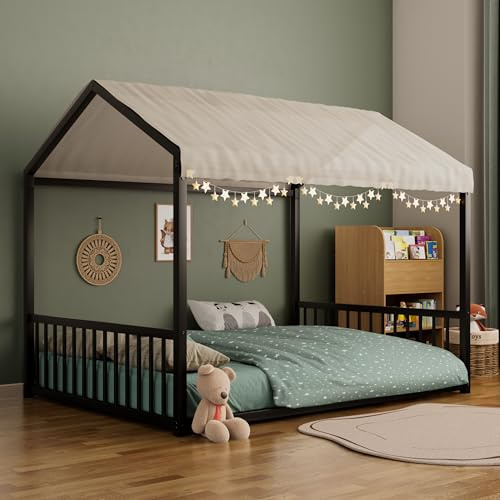 Merax Full Size Montessori Style Metal Floor Bed Frame, House Shaped Bed with Vertical Safety Guardrails, No Slats, Easy Assemble, Black