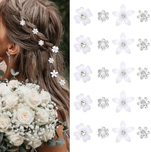 Pinzas Pelo Flores Pequeñas, 20 Piezas Horquillas Flores Pelo Novia, Pinzas Pelo Mujer Pedrería, Accesorios Pelo Flores Boda para Boda, Cumpleaños, Fiesta (A-Blanco)