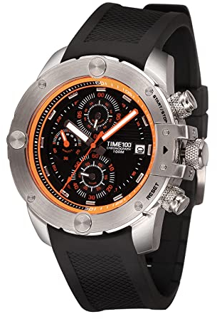 TIME100 Quarz Armbanduhr Herren Taucheruhr Multifunktion-Sportuhr Chronographuhr Silikon Orange+Silber