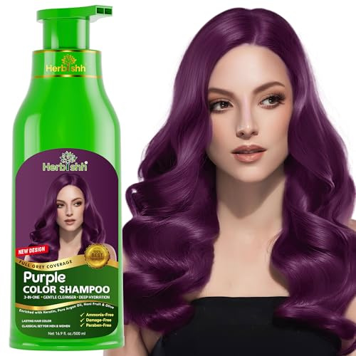 Herbishh Haarfärbeshampoo für graues Haar – Haarfärbeshampoo – Färbt das Haar innerhalb von Minuten – Langanhaltend – 500 ml – 3-in-1-Haarfarbe – Ammoniakfrei (Purple)