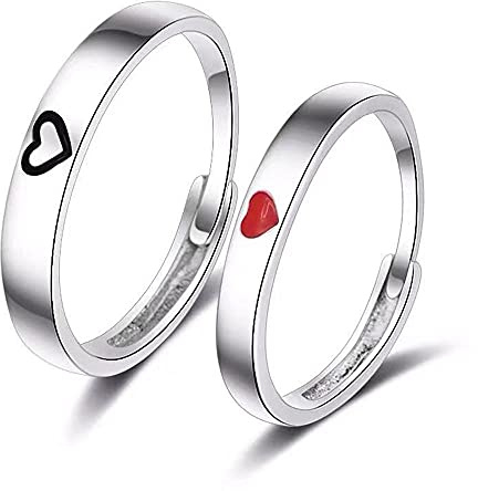 Caiyao 2 Pcs Sun Moon Matching Rings Set Couple Friendship Lover Open Adjustable Rings Minimalist Heart Engagement Wedding Bands Simple Multi-Style Jewelry for Him Her Lover Couples - Heart