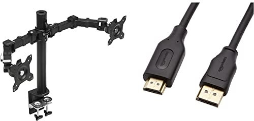 Amazon Basics Dual Monitor Stand with Height Adjustable Arm Mount, 360-degree rotation, Adjustable Screen Tilt and Cable Organizer (Steel) & DisplayPort to HDMI cable with gold-plated connectors 1.8 m