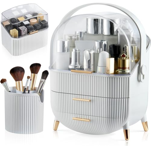 CANITORON Makeup Organizer,Skincare Organizer with 2 Drawers and Brush Storage Box,Lipstick Holder,Cosmetic Display Case for Vanity Organizer and Bathroom Countertop Storage.(White)