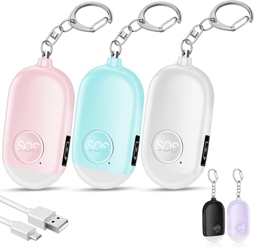 Hion Taschenalarm Frauen,3St 130DB Wiederaufladbar Persönlicher Selbstverteidigung Alarm mit LED-Beleuchtung, Panikalarm Handtaschen Schlüsselanhänger für Frauen,Kinder,ältere Menschen(Rosa+Blau+weiß)