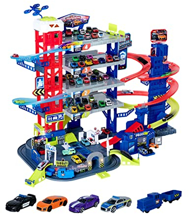 Majorette – Super Chase Center - Parkhaus mit 5 Etagen, mit Verfolgungsjagd, Parkgarage für Kinder ab 5 Jahren, inkl. Spielzeugautos, Zug, Aufzug, Licht & Sound