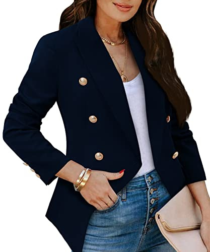 CRAZY GRID Womens Lapel Double Breasted Blazer Jacket - Business Casual Suit Jacket - Long Sleeve Dressy Blazer - Deep Blue X-Large
