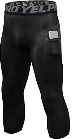 Ruowuhen Mallas Running Hombre 3/4 Deporte Leggings, Secado Rápido Pantalón de Compresión para Gym Fitness Jogging Negro M