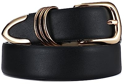 RISANTRY Women's Black Belts with Gold Buckle Elegant Leather Waist Belt Ladies Belts for Jeans Dress & Casual Wear