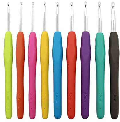 Aiguilles à Crochet Set, Ergonomiques à Tricoter En Fil, Crochets Multicolores en Aluminium avec Poignée en Caoutchouc, Crochets Tricot Outils Set Idéal pour Débutants et Professionnels(9 Pièces)