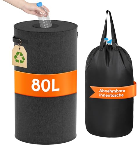 Lifewit Collecteur de Bouteilles Rond avec Couvercle, Poubelle Cuisine Tri Selectif avec Trou, Poubelle Recyclage pour Verre, Récipient de Collecte, 80 L, Noir