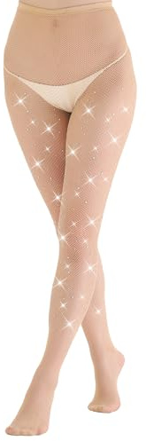 EVERSWE High Waist Fishnet Tights, Thigh High Suspender Stockings (Rhinestone R01-Nude, SM)