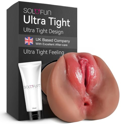 SoloFun 2 in 1 Ultra Tight Pocket Pussy Male Masturbators with 3D Vagina Lifelike Realistic Textured Male Sex Toys for Men Penis Stimulation Manual Masturbators Cup, Brown - Includes 1X 30ml lubes