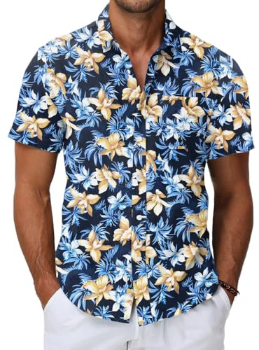 HMIYA Chemise hawaïenne pour homme, 100 % coton, unisexe, manches courtes, poche avant, boutonnée, été, loisirs, vacances, plage, Fleurs bleues et jaune clair, M