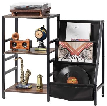 VEVOR Soporte para Tocadiscos 840 x 300 x 740 mm de 3 Niveles con Estación de Carga y Puertos USB, Admite Hasta 200 álbumes, Soporte para Tocadiscos con Almacenamiento de Discos de Vinilo, Negro