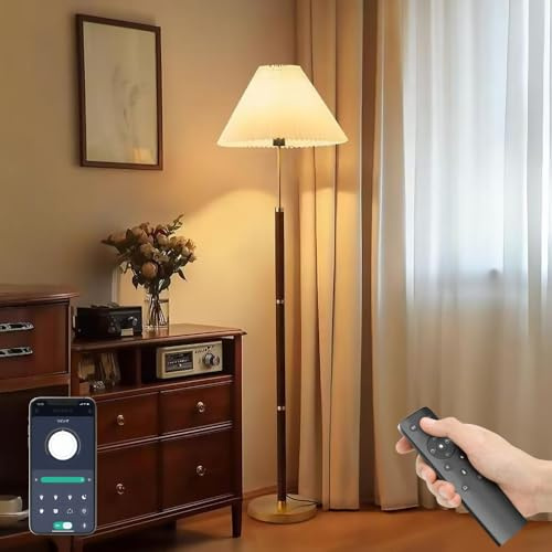 CRLL Lámpara de Pie para Sala con Mando a Distancia & Interruptor de Pie, Bombilla 12W, 3 Temperaturas Regulable Sin Escalones, Lámpara Alta con Pantalla Plegada & Poste con Vetado de Madera Roja
