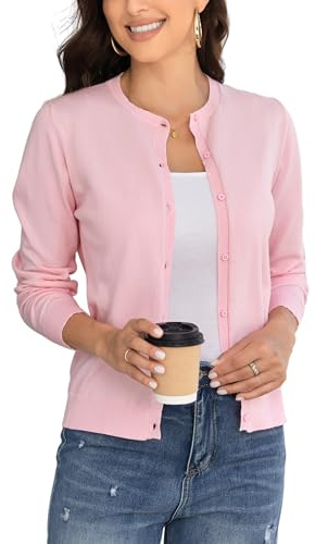 BERESIA Cardigan à Manches Longues Et Col Ras du Cou pour Femme, Cardigan Classique en Tricot Doux pour Femme, Rose Clair, XL