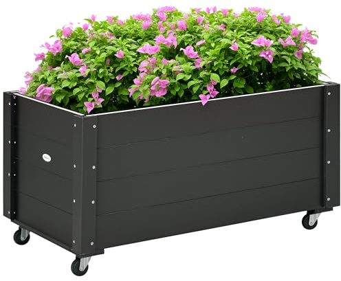 Outsunny Fioriera da Giardino con Foro di Drenaggio e Fodera di Tessuto non Tessuto, Fioriera in Legno di Abete con Rotelle, 89x48x47 cm, Nero