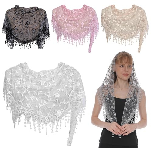 NIDONE 4 PCS MANTILLA VELOS TRIÁNICO CATÓLICO Cubierta de cabeza de encaje floral Bufanda con Tassel Chapel Velo decorativo Católico para mujeres Boda de boda de en masa